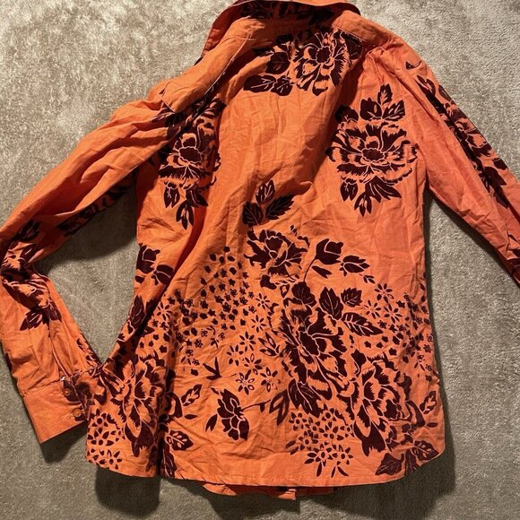 Sundance Button Up Shirt Women's Size XS Orange Burgundy Velvet Vignette Floral - Picture 3 of 8